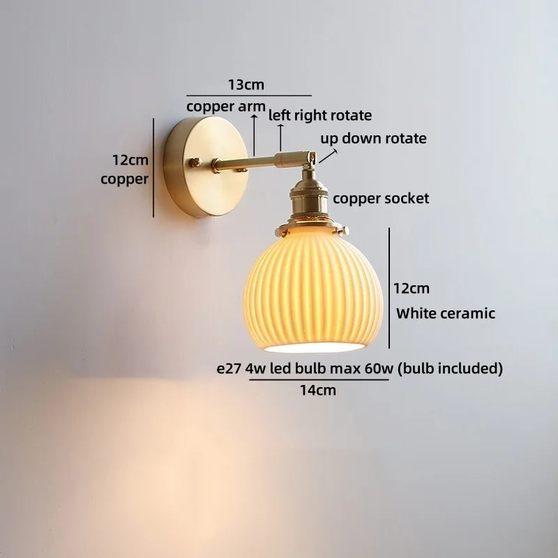 Helnys Nordic LED Wall Light White Umbrella Style Swing Copper Arm Bedside Lamp