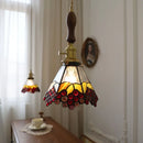 Helnys Vintage Brass Walnut Wood LED Pendant Light with Wine Red Glass