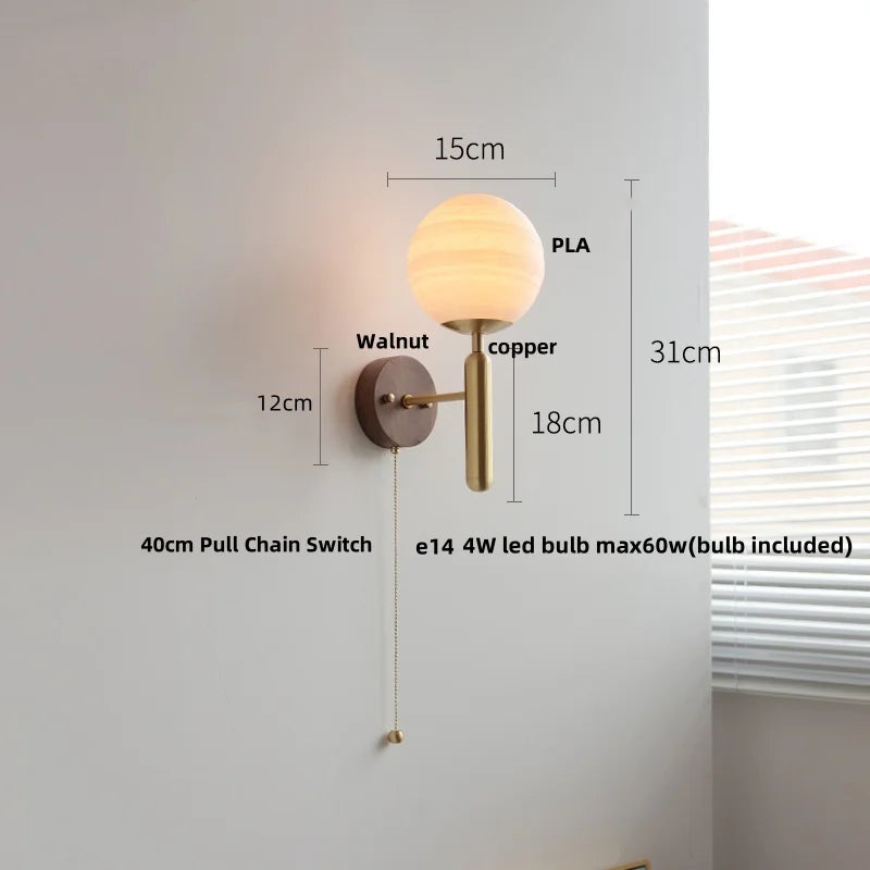 Helnys Copper Base LED Wall Lamp with Pull Chain Switch