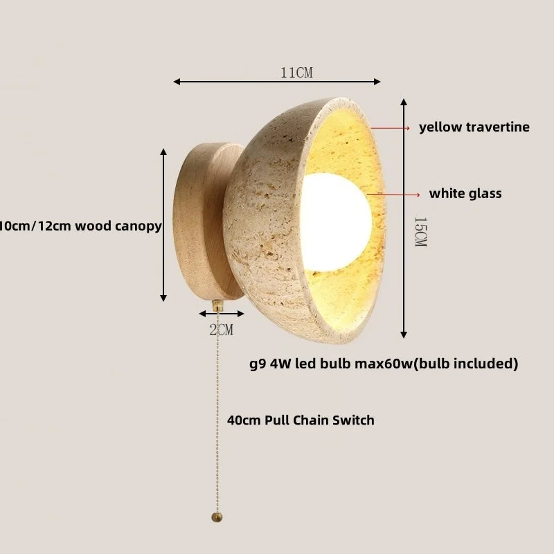 Helnys LED Wall Light with Wood Base, Natrual Yellow Travertine, Nordic Modern Design