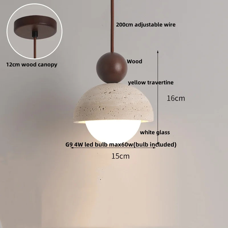 Helnys Ambient LED Pendant Wood Canopy Yellow Travertine Glass Hanging Lamp
