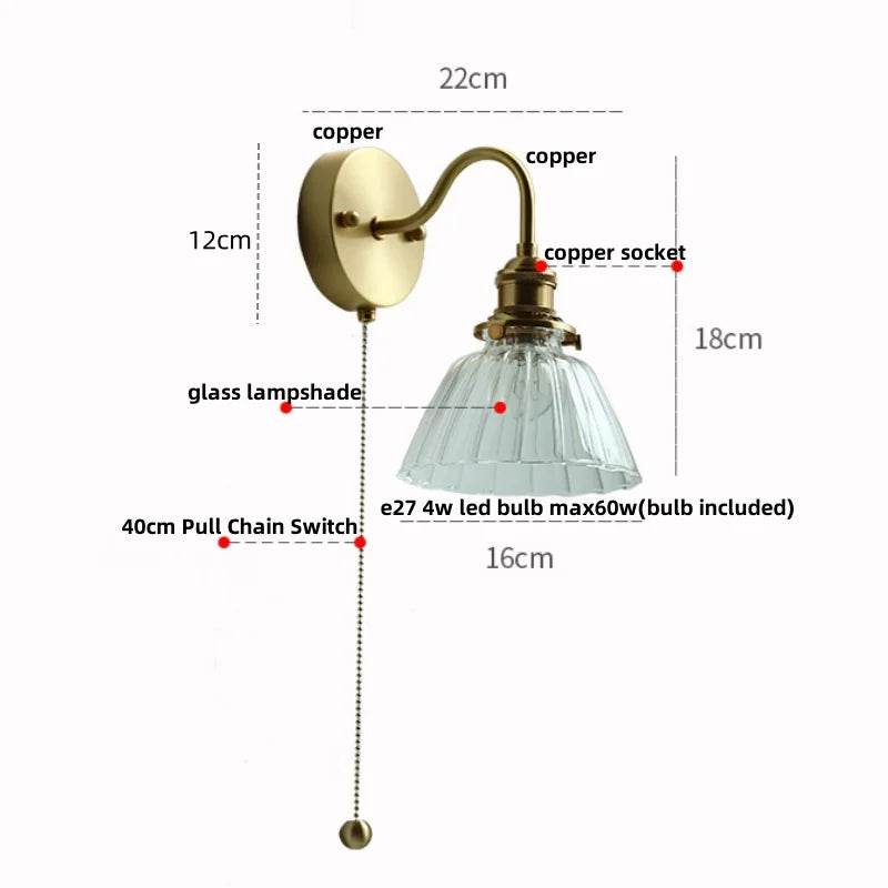 Helnys Nordic Modern Copper Glass Wall Sconce with Pull Chain Switch