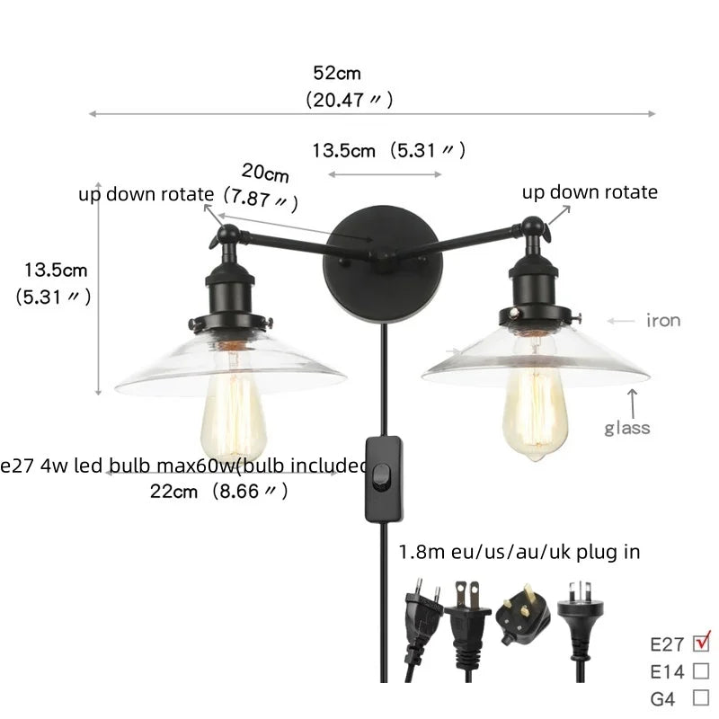 Helnys Industrial LED Wall Light with White Glass, Pull Chain Switch, 2 Heads