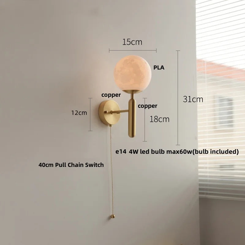 Helnys Copper Base LED Wall Lamp with Pull Chain Switch