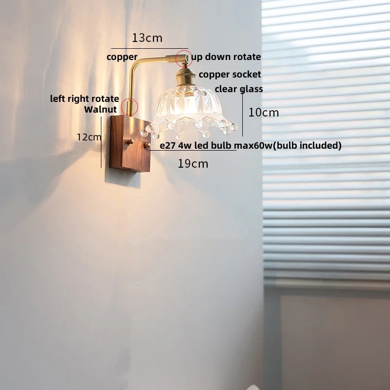 Helnys Nordic LED Wall Light Walnut Copper Clear Glass Sconce