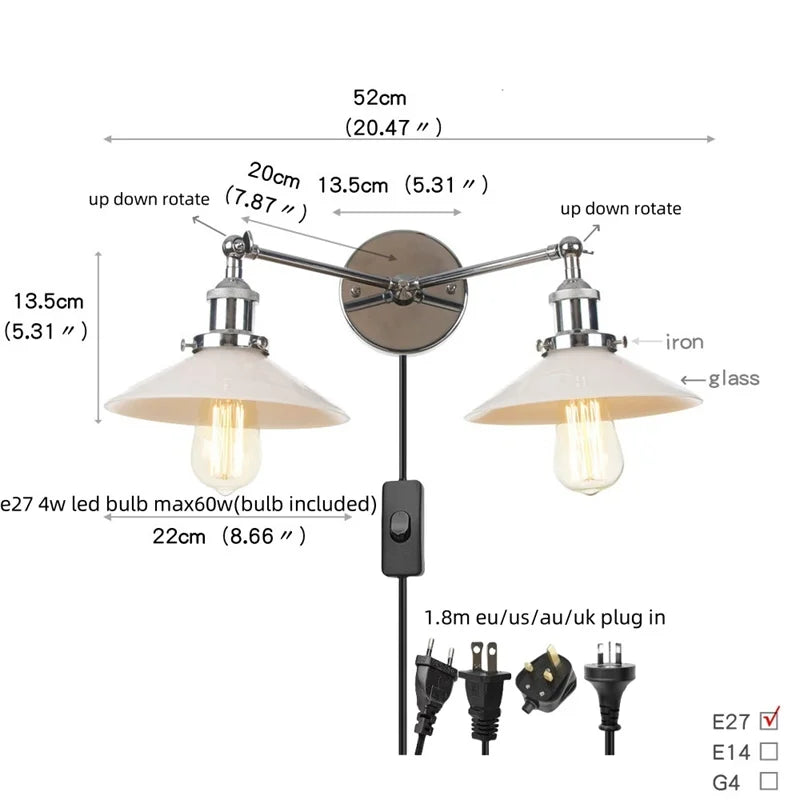 Helnys 2-Head LED Wall Sconce with Pull Chain Switch for Home, Coffee Bar, Bathrooms