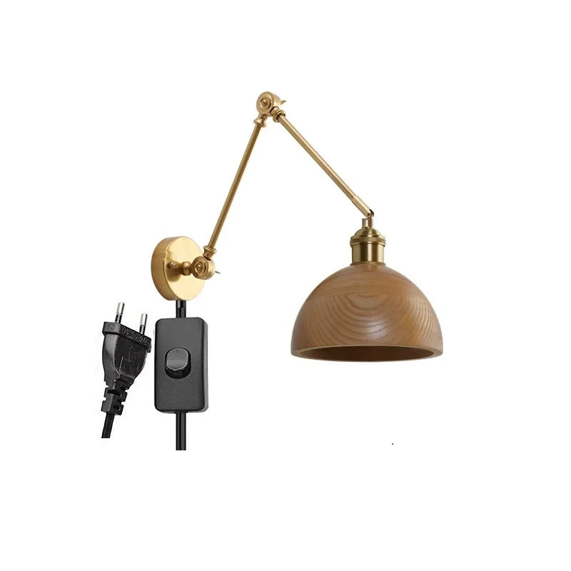 Helnys Copper Swing Arm Wood LED Wall Lamp with Pull Chain Switch