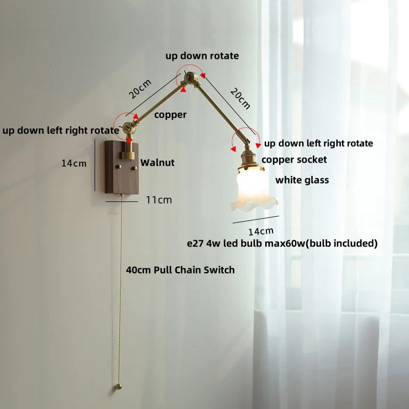 Helnys Yellow Glass LED Wall Lights Walnut Wood Bedside Lamp