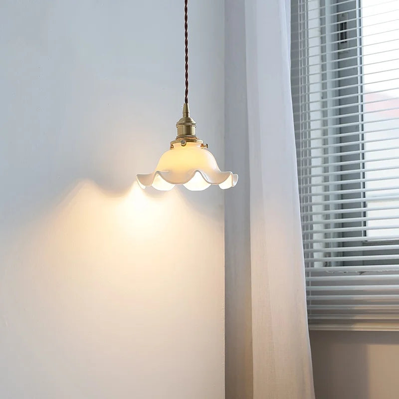 Helnys Flower Ceramic LED Pendant Lamp with Copper Socket, Adjustable Modern Hanging Light