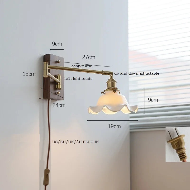 Helnys Flower Ceramic LED Wall Light Copper Arm Sconce - Modern Home Decor