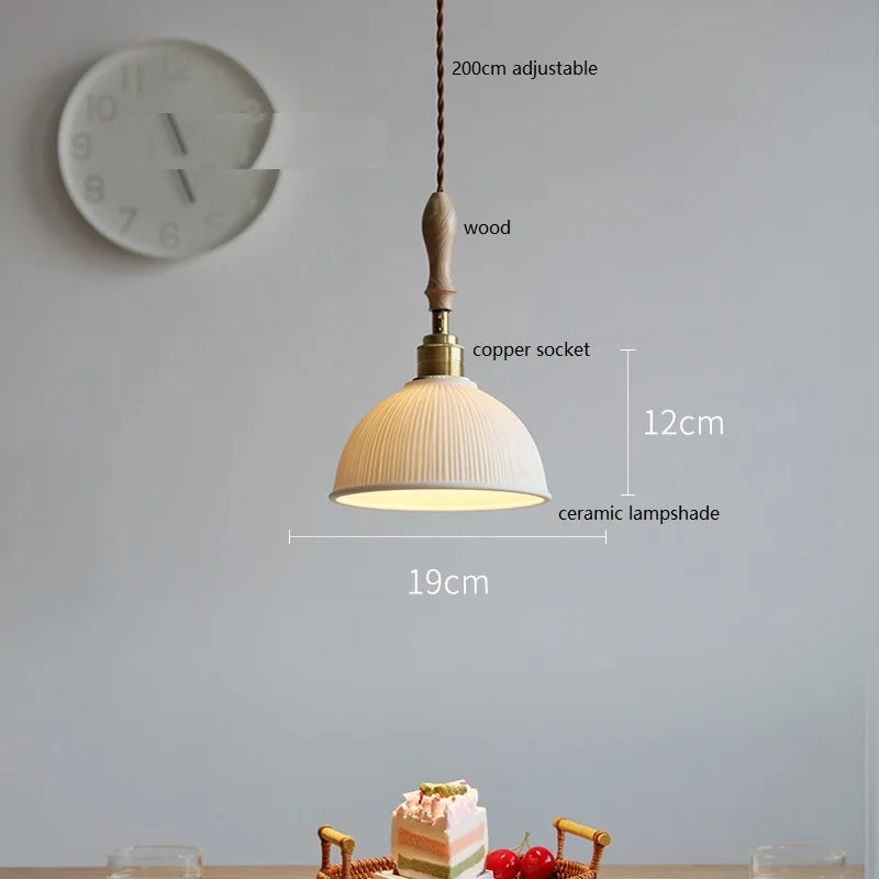 Helnys Wood Handle Copper LED Pendant Lights Fixture Modern Hanging Lamp