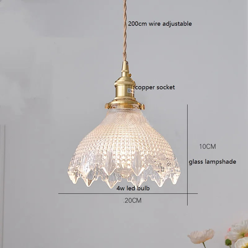 Helnys Green Glass LED Pendant Lamp with Copper Wood Handle for Dinning Living Room