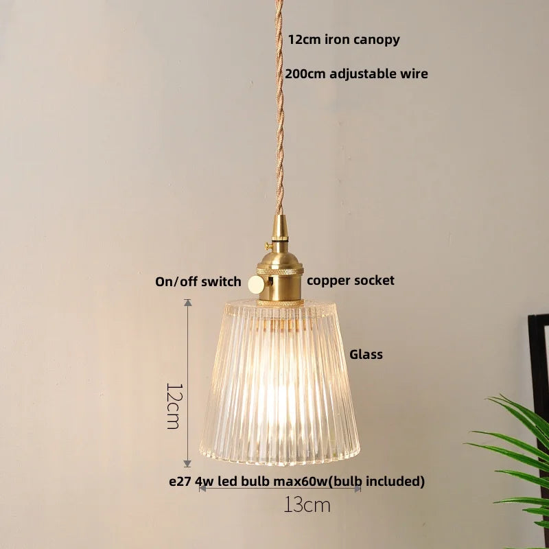Helnys Clear Glass LED Pendant Lamp with Adjustable Wire and Copper Knob Switch