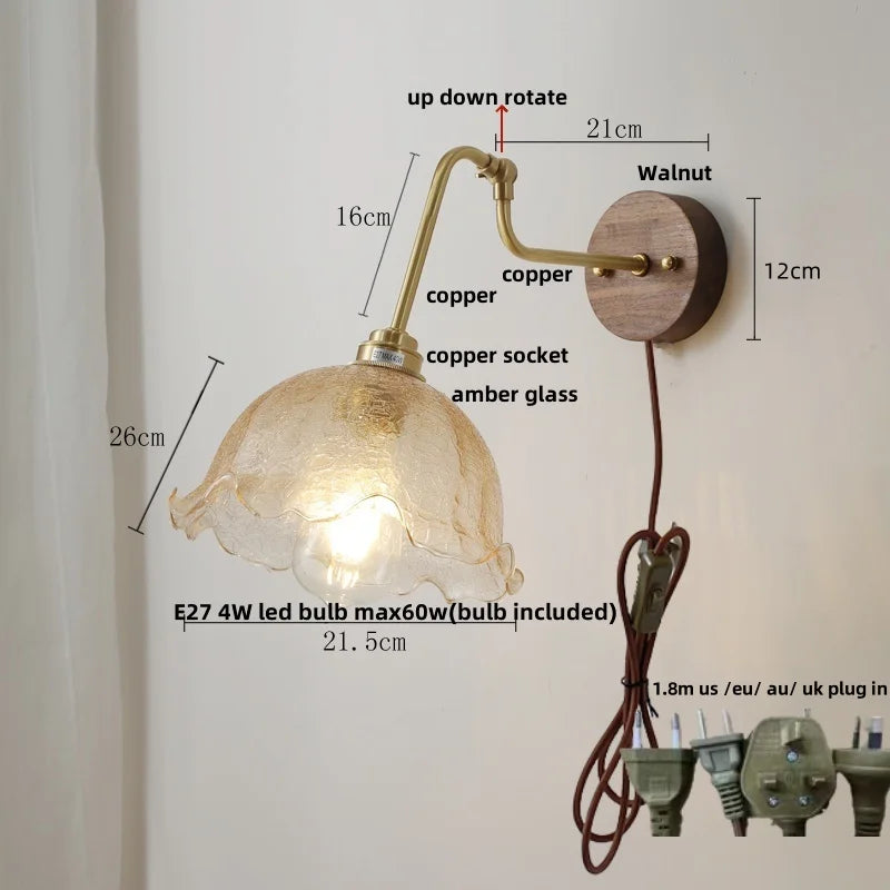 Helnys Amber Glass Wall Lights with Pull Chain Switch and Walnut Canopy