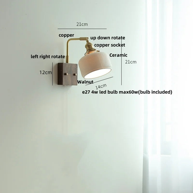 Helnys Globe Ceramic LED Wall Light Walnut Wood Sconce with Pull Chain Switch