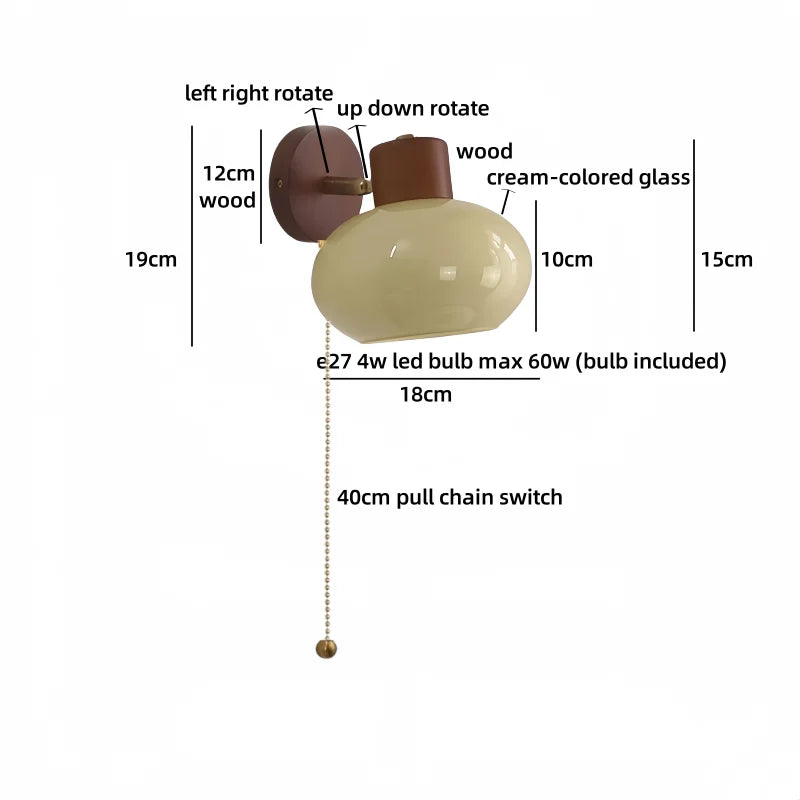 Helnys Wood Cream Glass Wall Lamp for Living Room & Bathroom