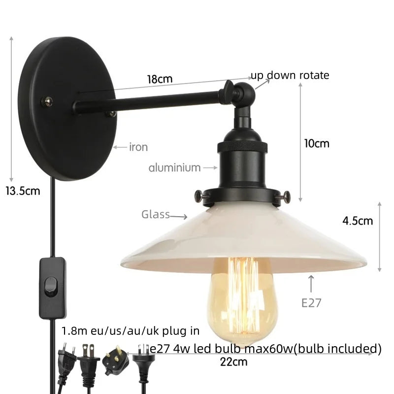 Helnys White LED Wall Lights - Industrial Style Bedside Lamp
