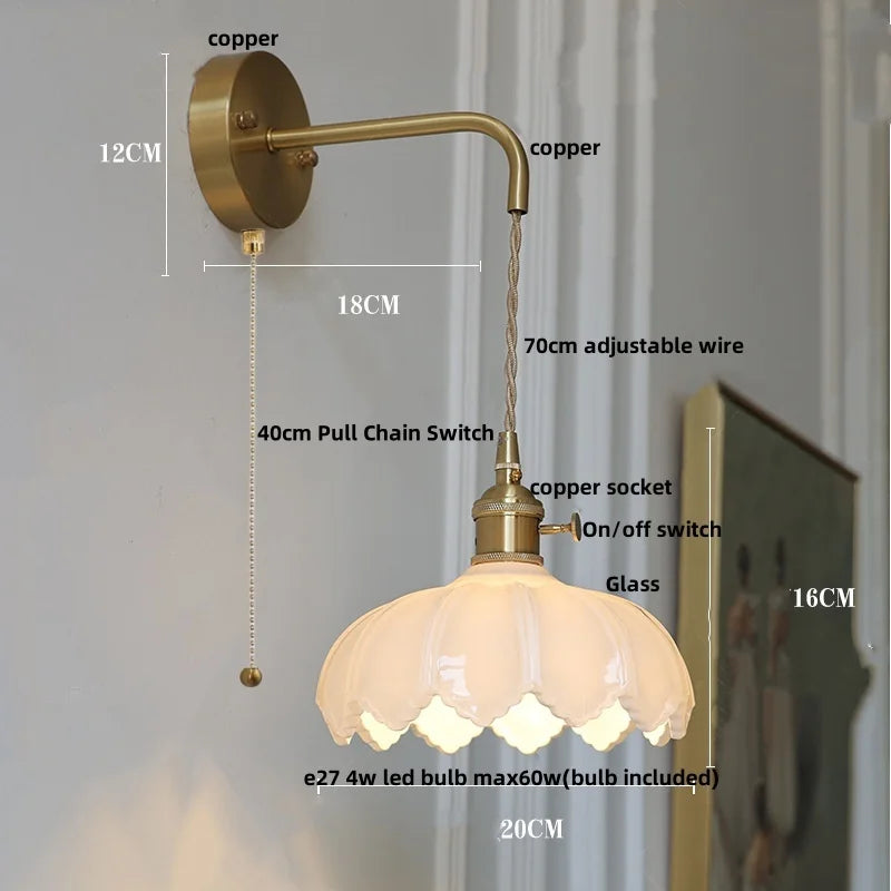 Helnys LED Wall Lights with Pull Chain Switch and Clear Glass Up Down Rotate Copper Finish