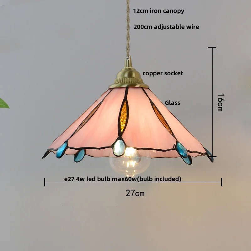 Helnys Tiffany Glass Pendant Lights Vintage Walnut Wood LED Hanging Lamp