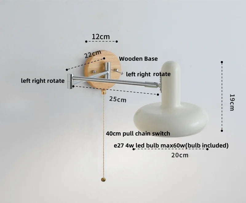 Helnys LED Wall Sconce Rotate Pull Chain Switch Wood Base Bedside Lamp