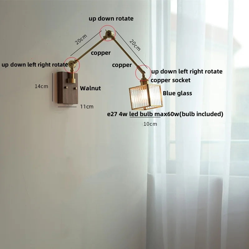 Helnys Modern LED Wall Lamp Glass Pull Chain Switch Rotatable Swing Arms Fixtures