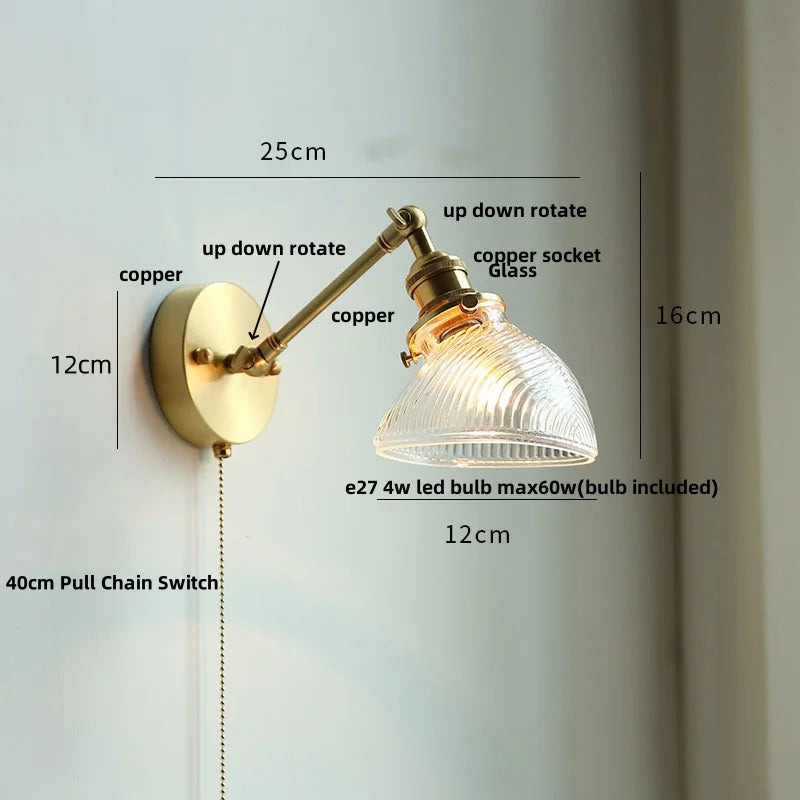 Helnys Brass Swing Arms LED Wall Light, Modern Nordic Clear Glass Bedside Lamp