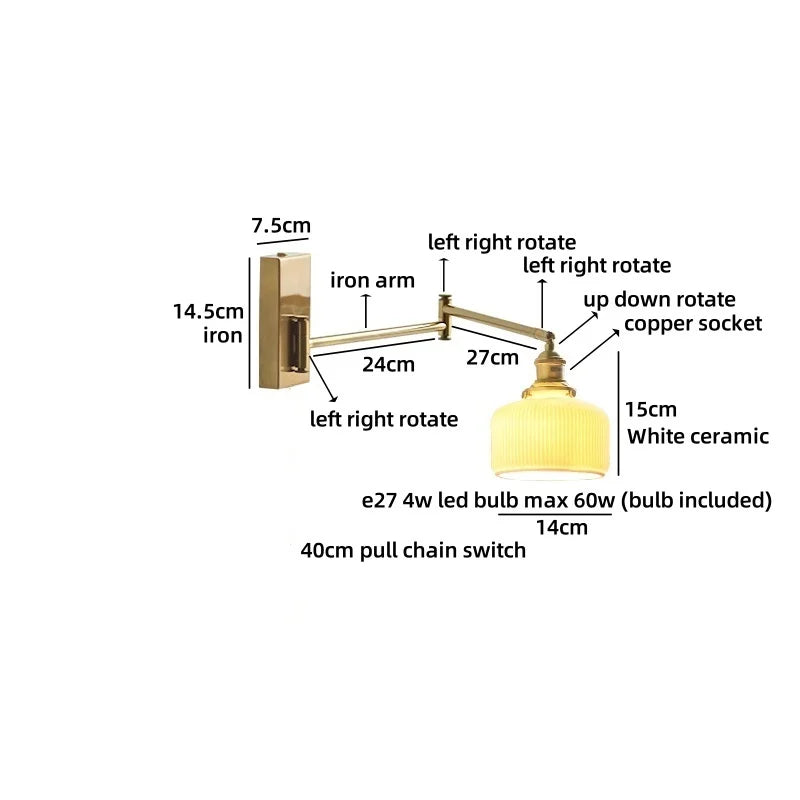 Helnys LED Wall Lamp Bedroom Gold Swing Arm Ceramic Light
