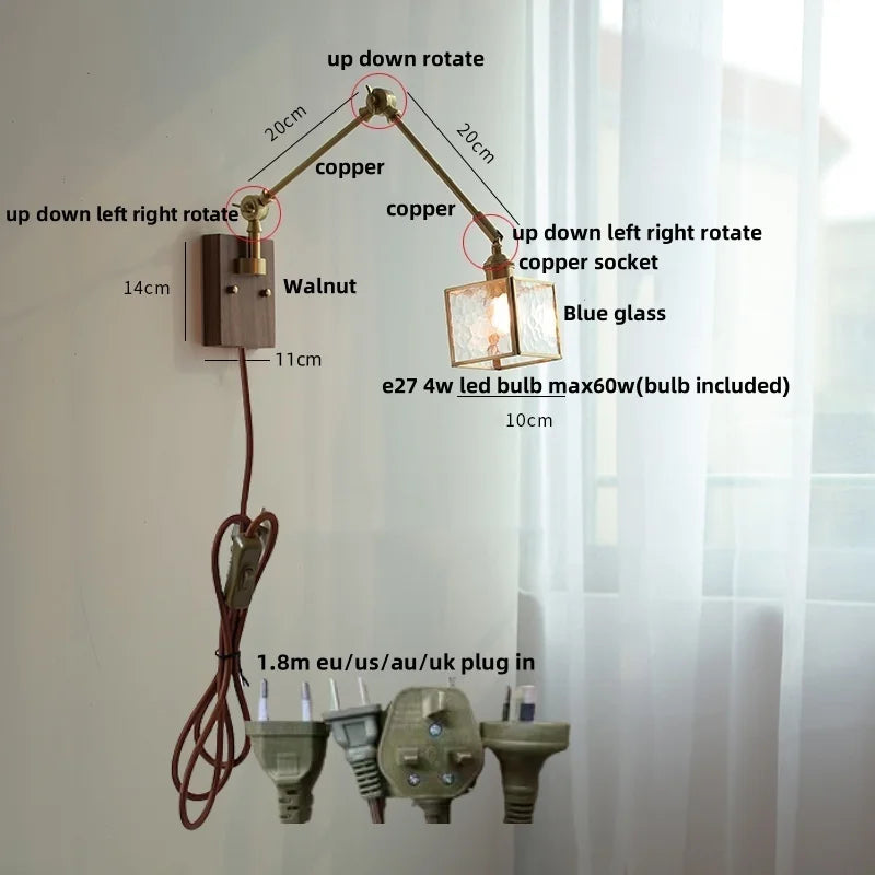 Helnys Modern LED Wall Lamp Glass Pull Chain Switch Rotatable Swing Arms Fixtures
