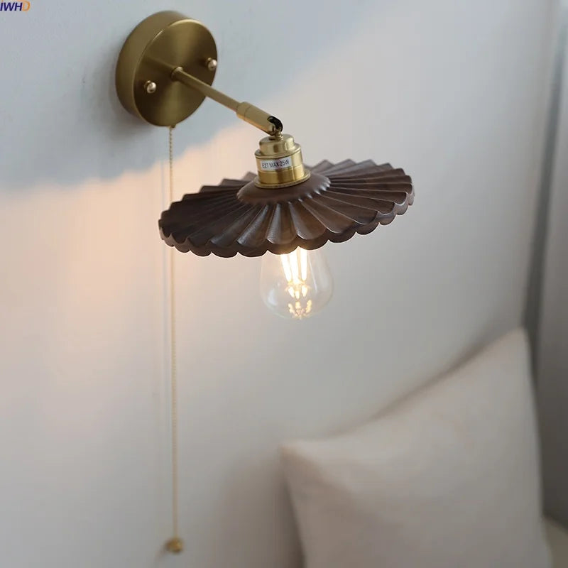 Helnys Nordic LED Wall Light Walnut Wood Copper Sconce with Pull Chain Switch