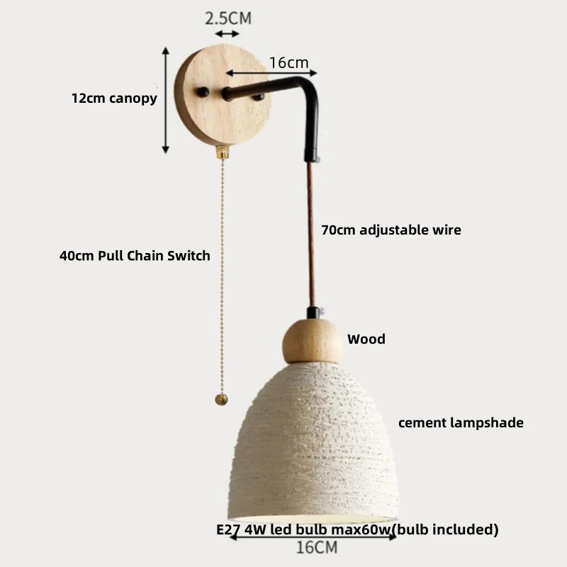Helnys Japanese LED Wall Light with Wooden Pull Chain Switch