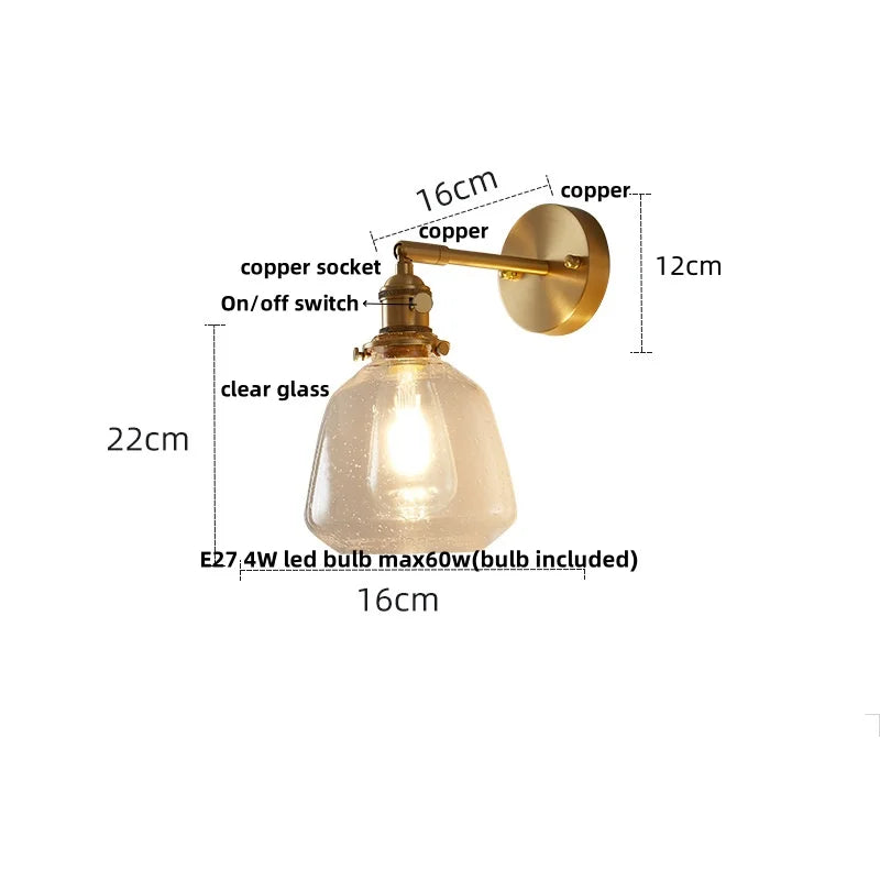 Helnys Flower Glass LED Wall Lamp with Pull Chain Switch - Copper Wall Light Fixtures
