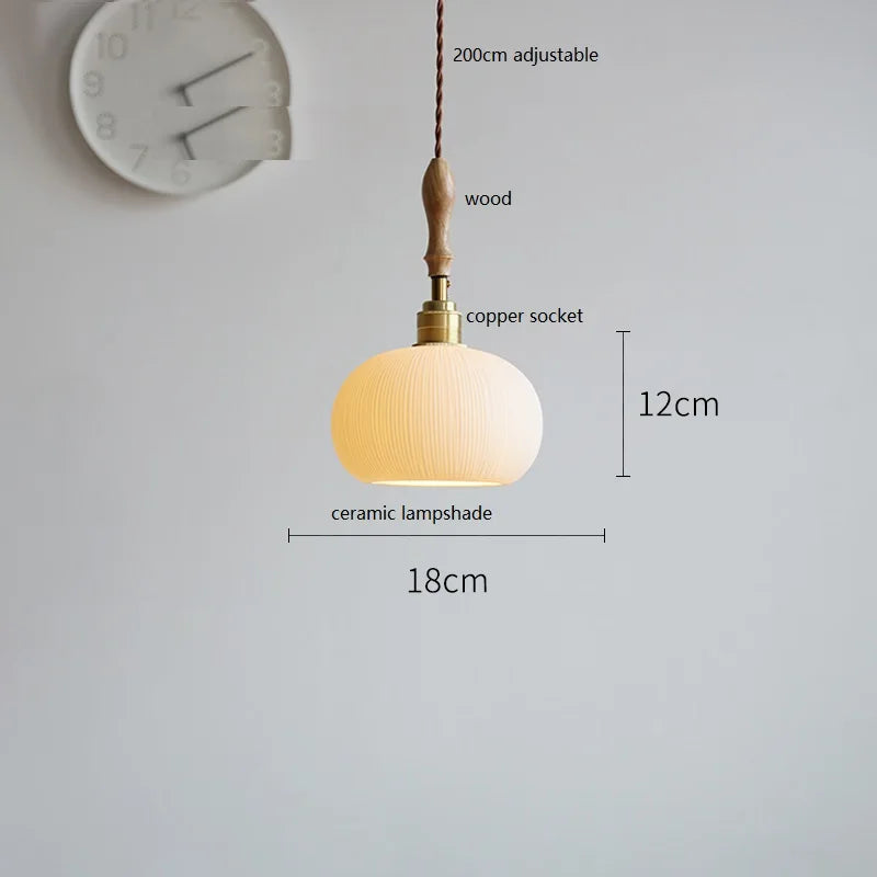 Helnys Wood Handle Copper LED Pendant Lights Fixture Modern Hanging Lamp