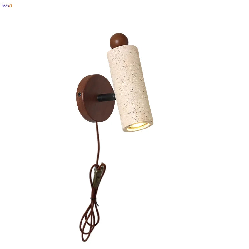 Helnys Nordic Wood LED Wall Sconce Yellow Travertine Stone Modern Rotate Bedside Lamp