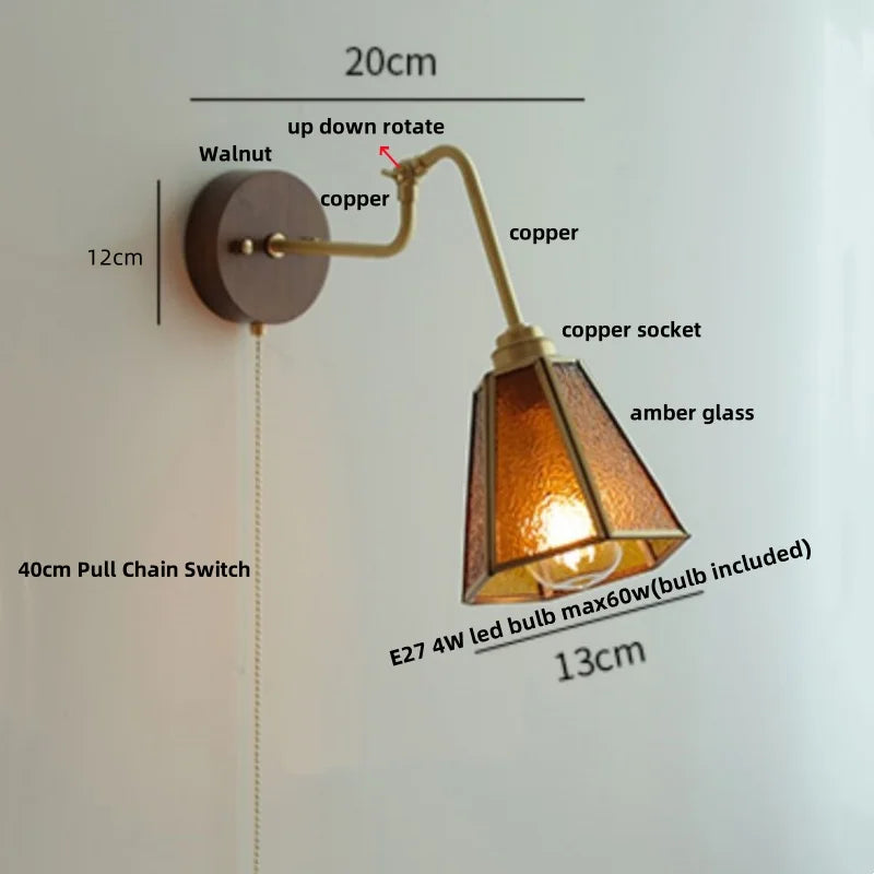 Helnys Clear Glass LED Wall Sconce with Pull Chain Switch & Rotating Walnut Wood Arm