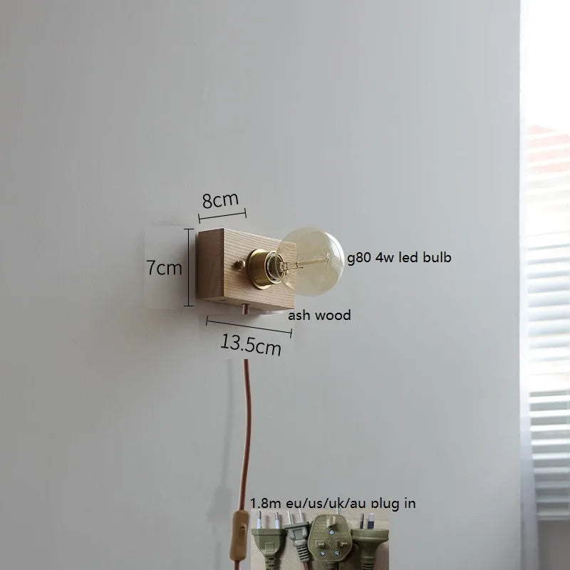 Helnys Vintage LED Wall Lamp with Pull Chain Switch, Walnut Ash Wood & Copper.