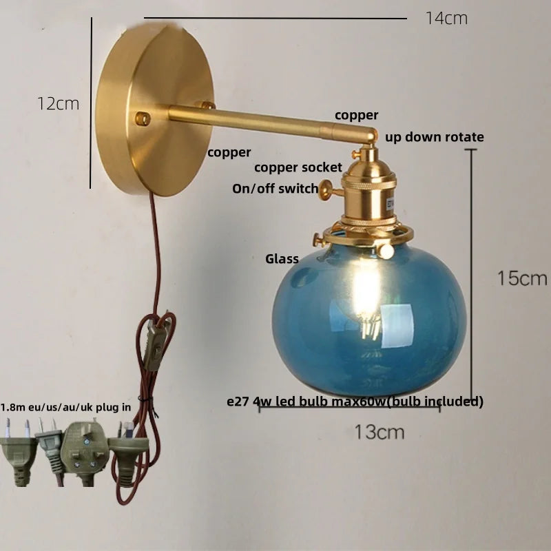 Helnys Vintage Blue Glass LED Wall Lamp with Pull Chain Switch