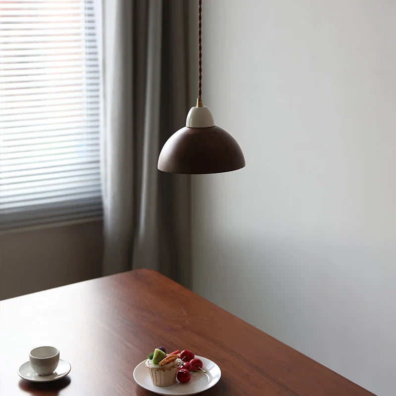 Helnys Walnut Wood Hanging Lamp with Ceramic Socket, Industrial Vintage LED Pendant Light