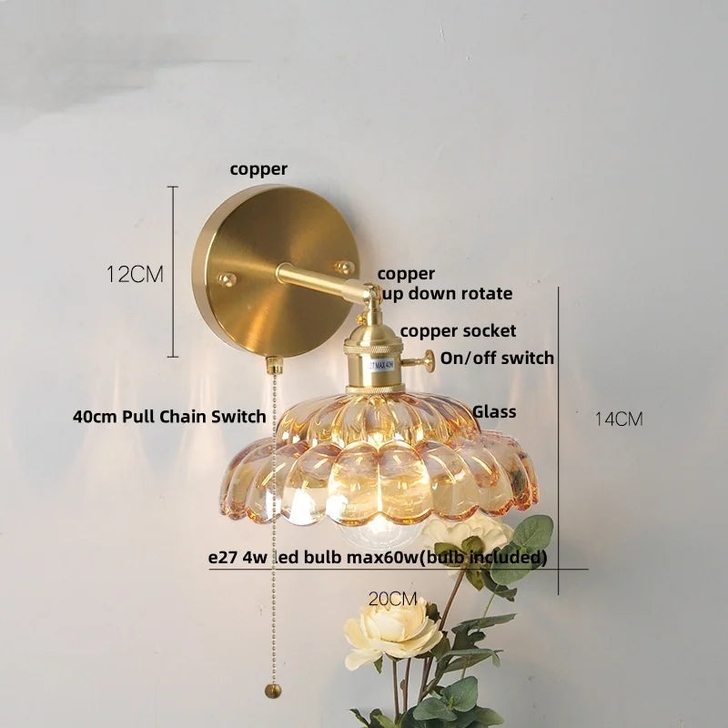Helnys LED Wall Lights with Pull Chain Switch and Clear Glass Up Down Rotate Copper Finish
