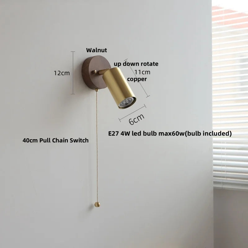 Helnys Nordic Modern Wood Copper Wall Sconce with Pull Chain Switch