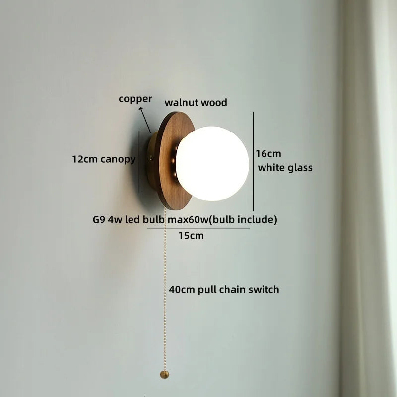 Helnys Wabi Sabi LED Wall Sconce White Glass Walnut Wood Modern Decor