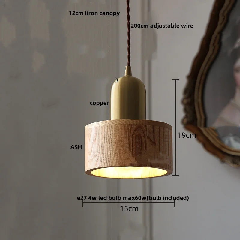 Helnys Ash Wood LED Pendant Lamp with Copper Socket - Adjustable Hanging Lights