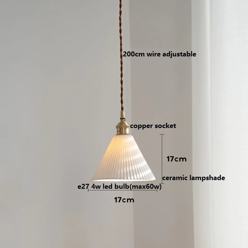 Helnys Ceramic LED Pendant Light with Wood Handle and Copper Socket