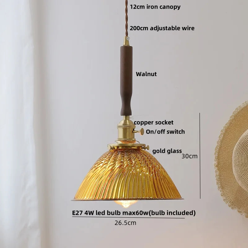 Helnys Amber Glass LED Pendant Lamp with Walnut Wood Accent