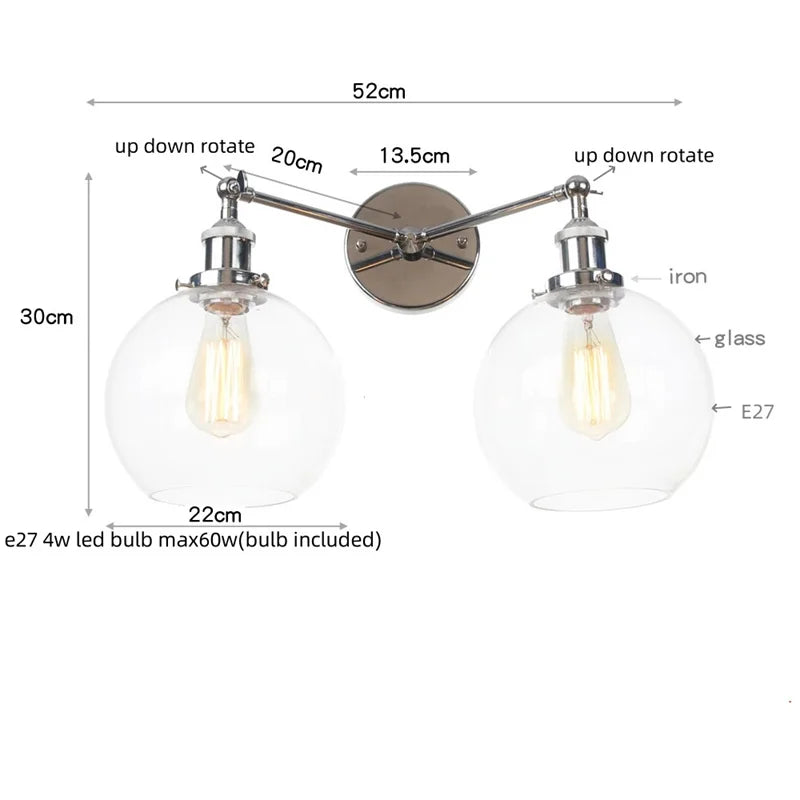 Helnys Retro LED Wall Light Fixtures with Pull Chain Switch, Industrial 2 Heads Sconce