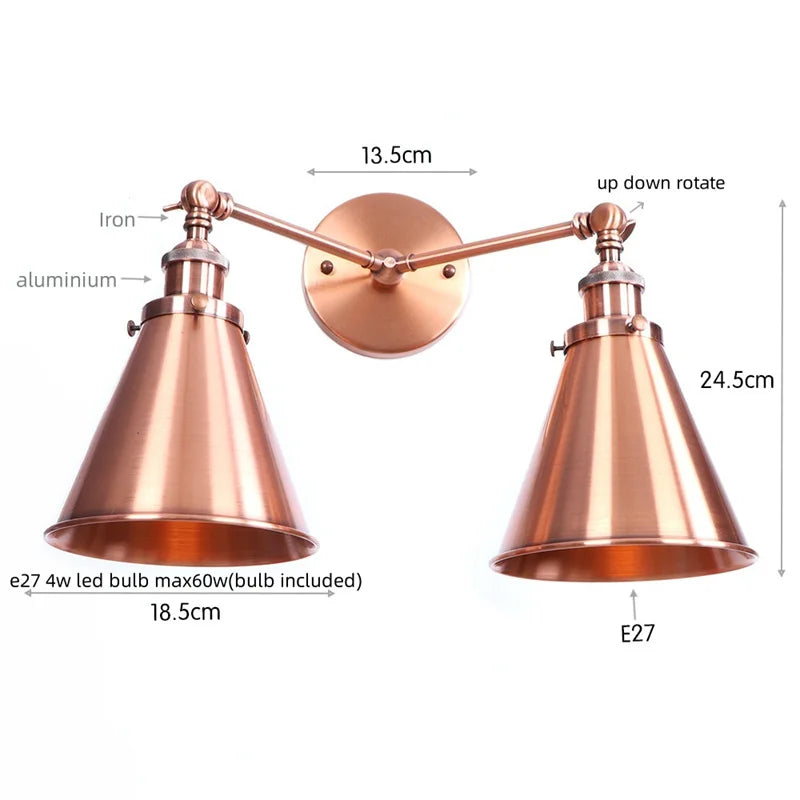 Helnys Gold Vintage 2 Heads LED Wall Lights Industrial Pull Chain Switch Lamp