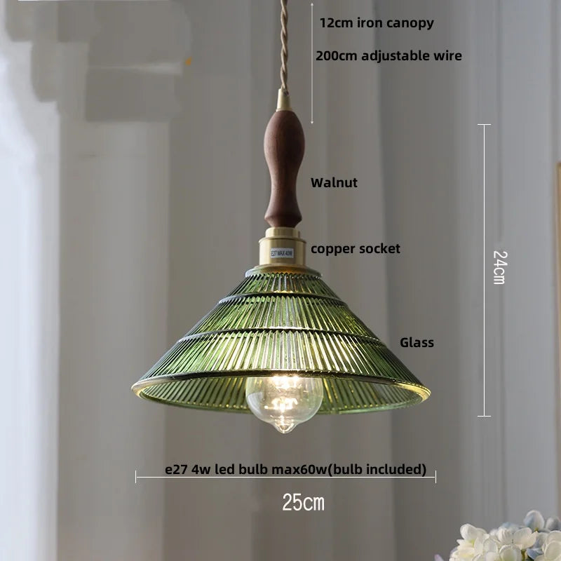 Helnys Amber Glass LED Pendant Lamp Nordic Modern Walnut Wood Copper Hanging Light