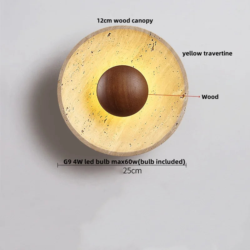 Helnys LED Wall Light Bedroom Yellow Travertine Wood Canopy Sconce Lampara