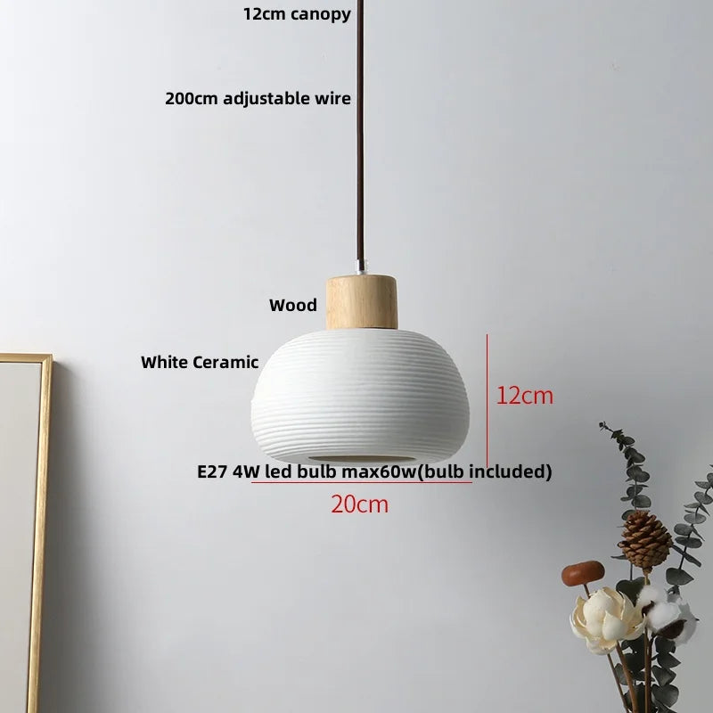 Helnys Nordic LED Pendant Light Fixture Wood White Ceramic Hanging Lamp