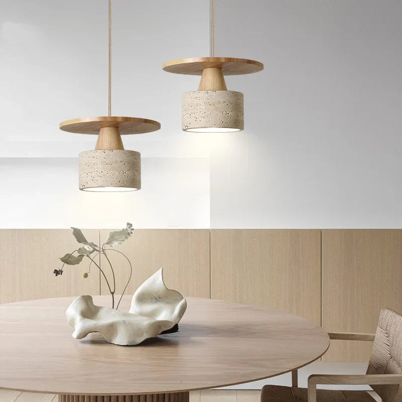Helnys Yellow Travertine LED Pendant Lamp Natural Wood Hanging Lights