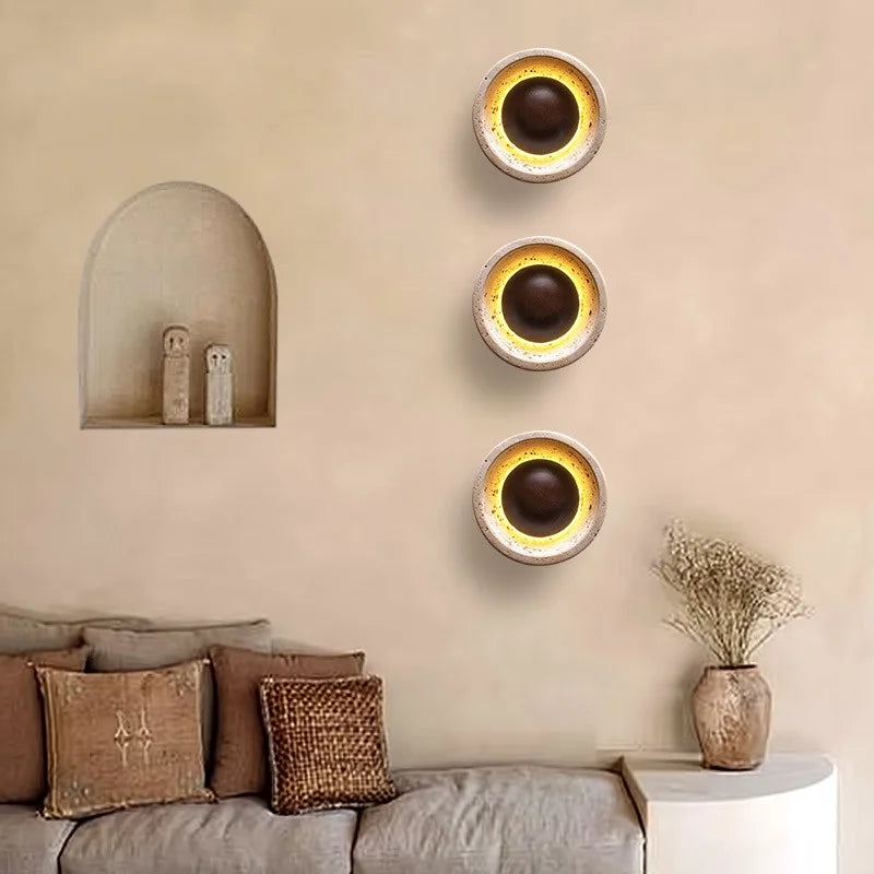 Helnys Vintage LED Wall Light Fixture Wood Natural Stone Bedside Lamp